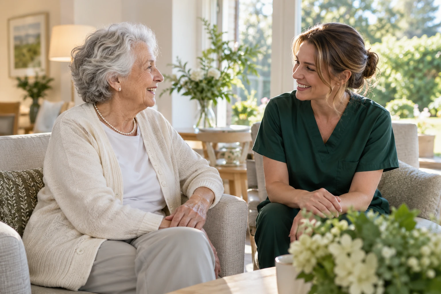 A caregiver connecting with an older woman